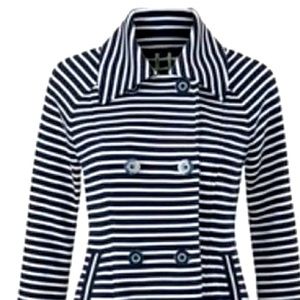 CAbi double breasted navy and white stripes 3/4 sleeves coat. 31 in. Long
